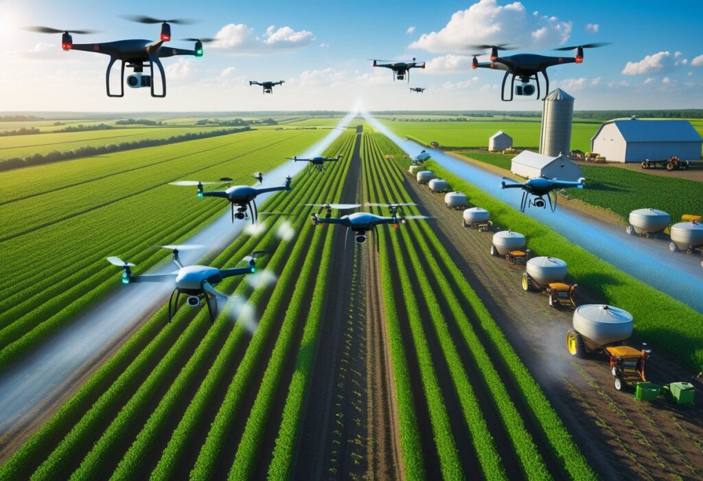 Drones no agronegócio: trator e drones em lavoura.