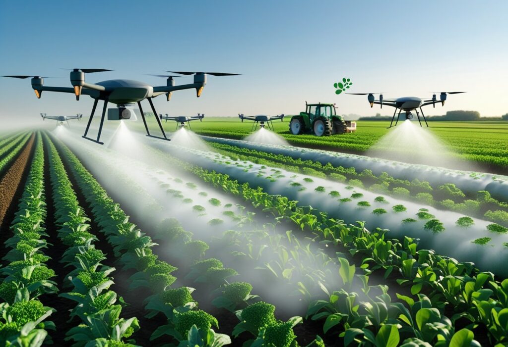 Drones no agronegócio: trator e drones em lavoura.