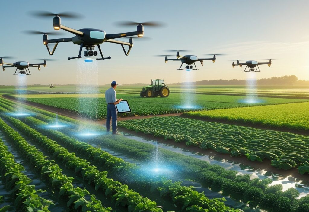Drones no agronegócio: homem observando trator e drones em lavoura.
