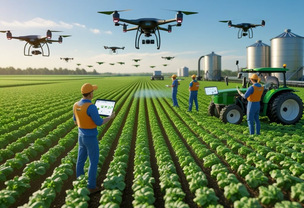 Drones no agronegócio: homens observando trator e drones em lavoura com silos.